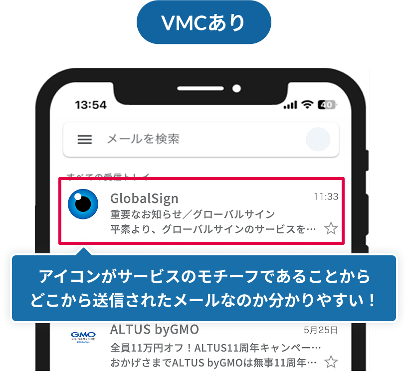 VMCありの場合 アイコンがサービスのモチーフであることからどこから送信されたメールなのか分かりやすい！
