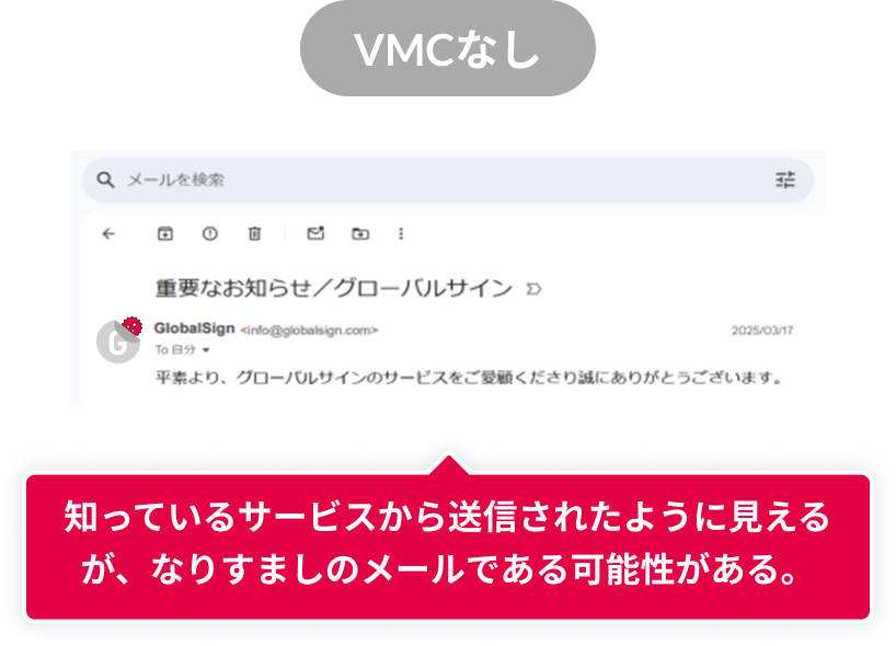 VMCなしの場合 知っているサービスから送信されたように見えるが、なりすましのメールである可能性がある。